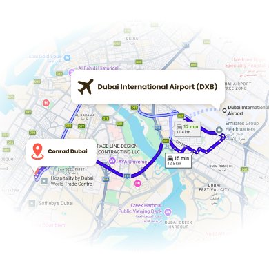 Route from Dubai International Airport to Conrad Dubai