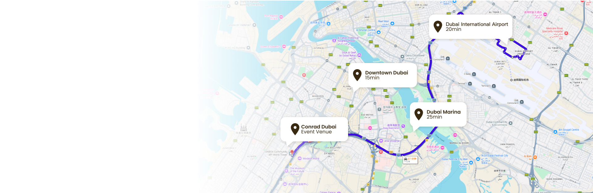 Route map from Dubai International Airport to Conrad Dubai